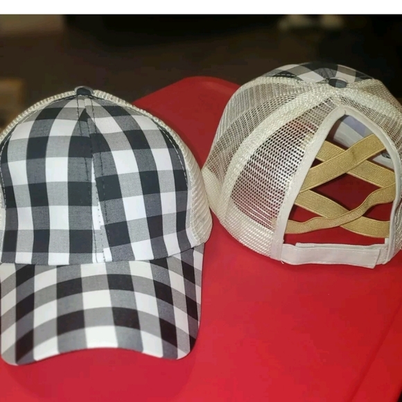 Unlisted Accessories - 🍬 Black and White Plaid Print Criss Cross Ponytail Hat